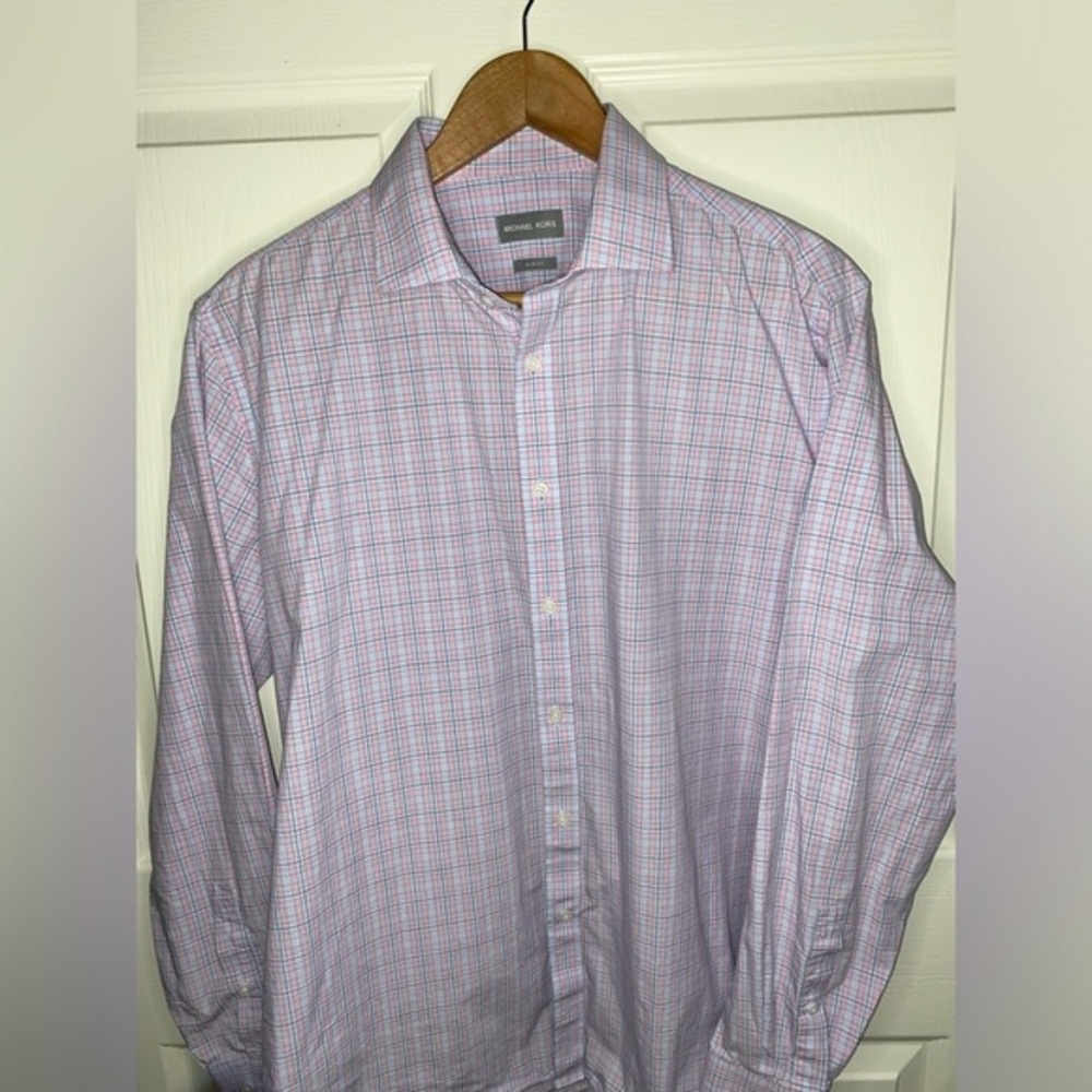 Michael Kors Men’s Slim Fit Button-Down Shirt | XL Neck 17 | Blue & Pink Check